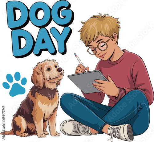 Young person with glasses drawing on tablet next to fluffy dog and blue paw print puppy youth