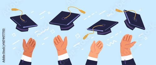 Graduates throwing graduation caps. Education, school concept. Celebrating diploma, academic achievement and success