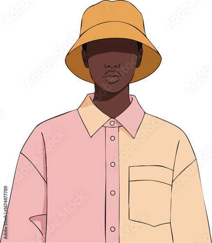 Portrait of person wearing pink and beige color block shirt with orange bucket hat casual style vector illustration 