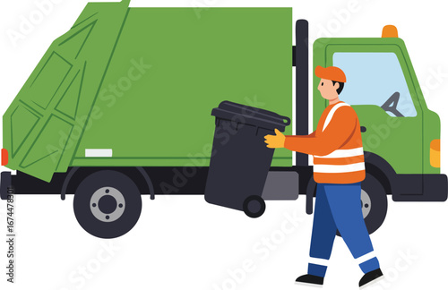 Garbage collector pushing trash bin near green waste collection truck vector illustration 