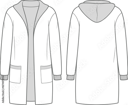 Long hooded cardigan, open front, ribbed cuffs, patch pockets, casual outerwear, knitwear design, cozy sweater, women’s fashion, CAD drawing, flat vector illustration