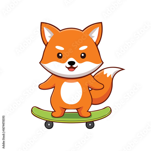 A charming fox rides a skateboard with a joyful expression, embodying a playful spirit. The fox has a fluffy tail and is ready for adventure