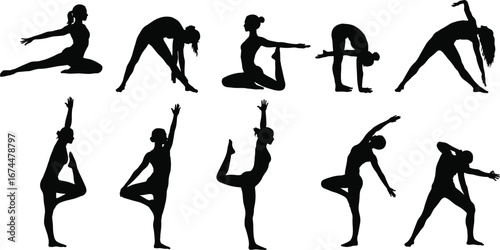 Silhouette women practicing yoga poses, fitness stretching exercise, healthy lifestyle meditation, balance body flexibility workout, mindfulness training, calm relaxation wellness illustration
