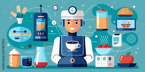 Friendly robot chef preparing delicious food and drinks with various kitchen appliances isolated on white background silhouette