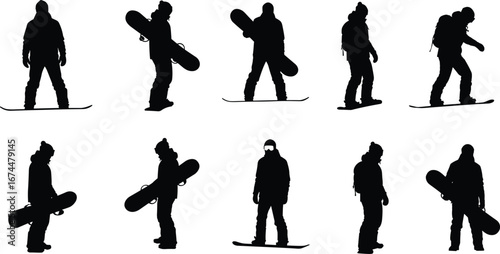 Snowboarder silhouette collection, standing poses with snowboard, winter sport lifestyle, mountain adventure recreation, outdoor snowboarding athlete, extreme cold weather fun