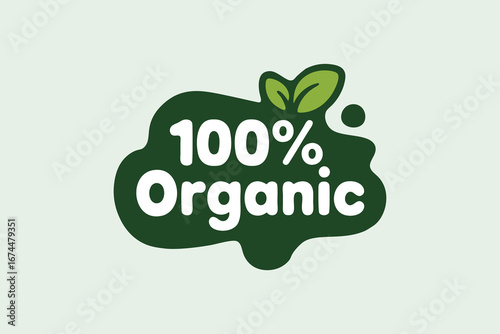 100 percent organic logo badge with green leaf, vector eco-friendly seal for natural product packaging