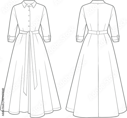 Long shirt dress fashion CAD, flat vector sketch front back, belted full-length design, technical drawing for apparel design