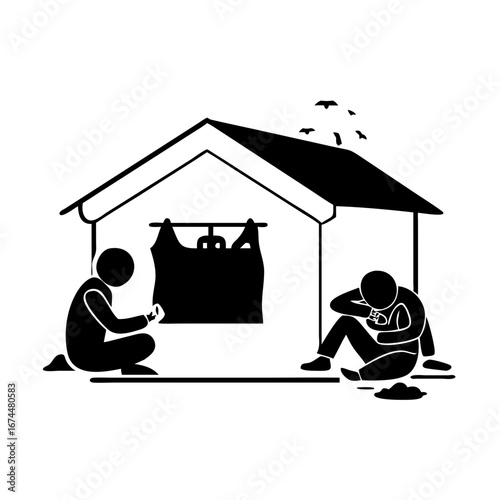 Vector art of two homeless men are sitting in front of their makeshift house