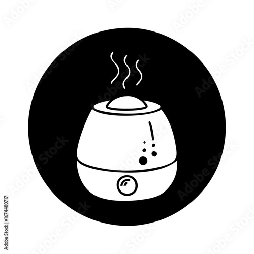Vector art of humidifier icon in a black circle, a modern appliance for improving air quality and creating a comfortable home environment