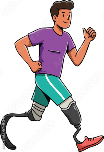 Male athlete with prosthetic running blades jogging in sportswear active lifestyle vector illustration 