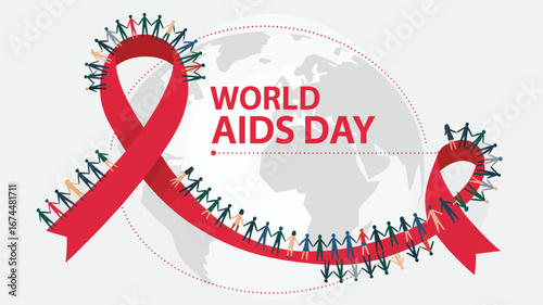 World aids day graphic featuring a red ribbon surrounded by people holding hands and a world map design