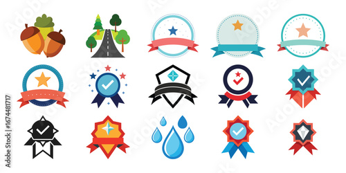 Collection of Fifteen Colorful and Unique Vector Badge and Icon Designs for Various Purposes