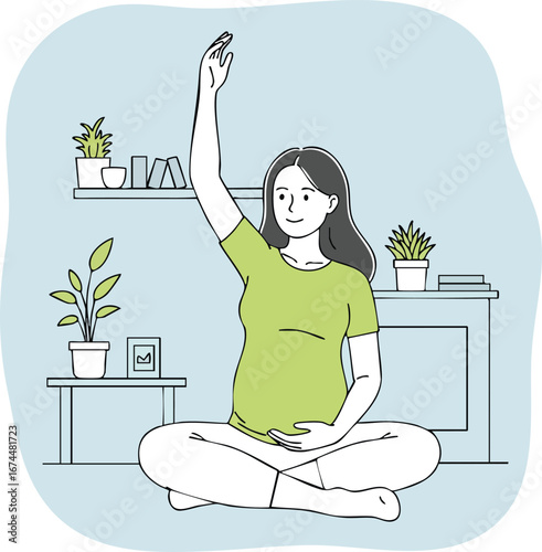 Pregnant woman sitting cross-legged practicing yoga indoors with plants and shelves in calm environment 