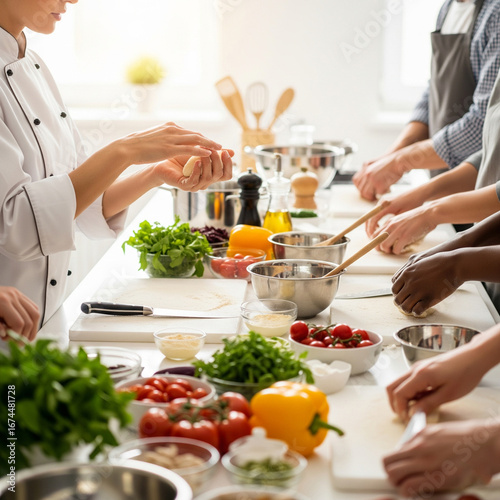 A dynamic and educational shot of a professional female chef's hands instructing a diverse group of students in a hands-on cooking class