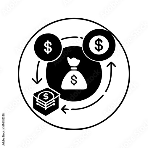 Vector art of financial circulation concept showing money flow between investment, cash, and asset