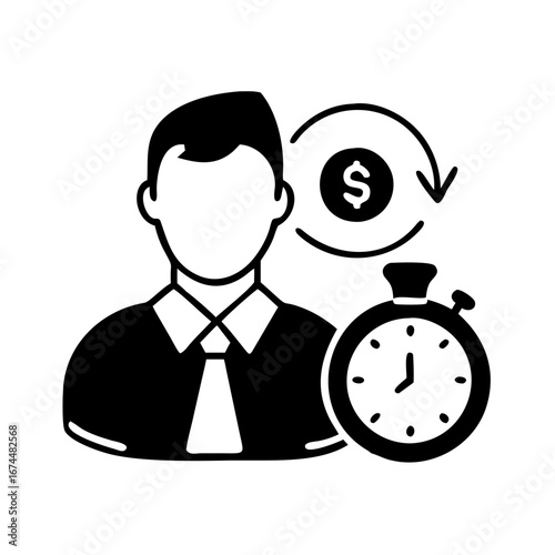 Illustration of a businessman with a clock and money symbol, representing time management and financial return