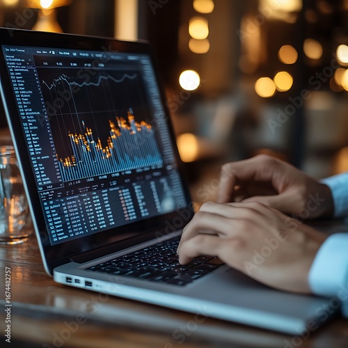 Person Typing on Laptop Displaying Stock Market Data and Graphs computer hands photo