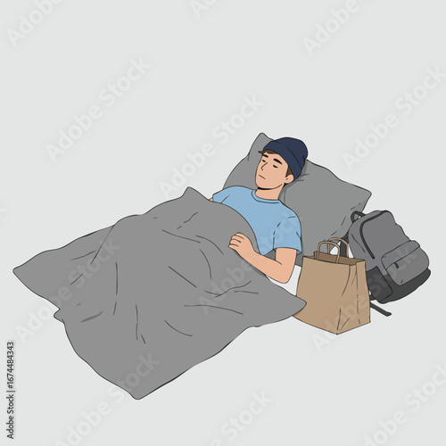 Young man resting in bed with sleeping cap and backpack next to paper bag vector illustration 
