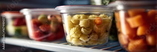 Close-up of soup in plastic containers on refrigerator shelf, with baby vegetables and pasta beside, cold interior light