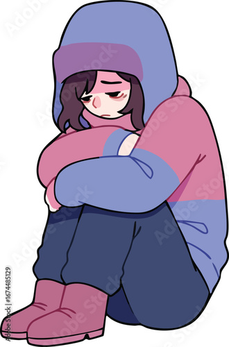 Sad girl wearing blue and pink hoodie sitting hugging knees vector illustration 