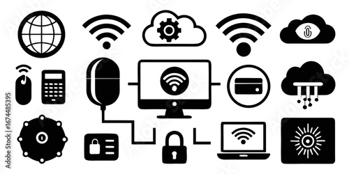 Collection of technology and network icons including globe wi fi cloud computer and security elements silhouette isolated on white background
