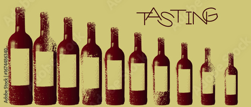 Wine tasting poster, collection of different size alcohol bottles, vector illustration grunge style, shabby texture. Banner wine bar, wine list, alcohol party, drinking, drunkenness, red wine