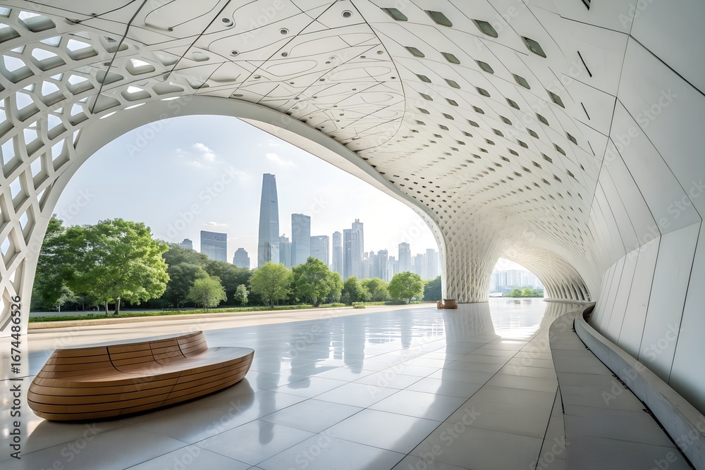 Obraz premium Modern Architectural Wonder with Cityscape Views and Organic Seating Reflecting Innovation and Sleek Design in a Bright, Open Space