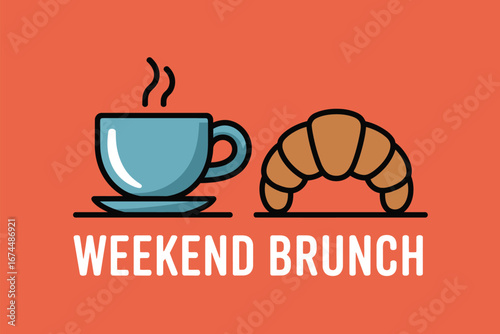 A cartoon style image of a cup of coffee and a croissant for a weekend brunch on an orange background
