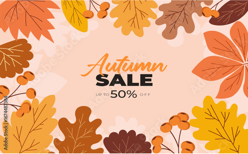 Autumn sale banner with vibrant fall leaves in orange, yellow, and red. Festive design with "Get up to 25%,50%,70% off" text, perfect for seasonal promotions, marketing, and social media campaigns.