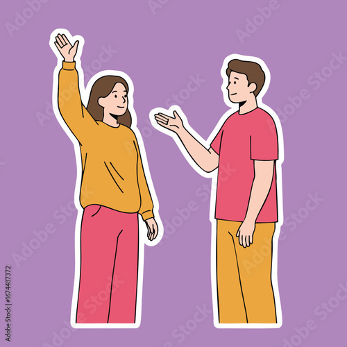 Young man and woman greeting each other with casual hand gestures in colorful clothes vector illustration 