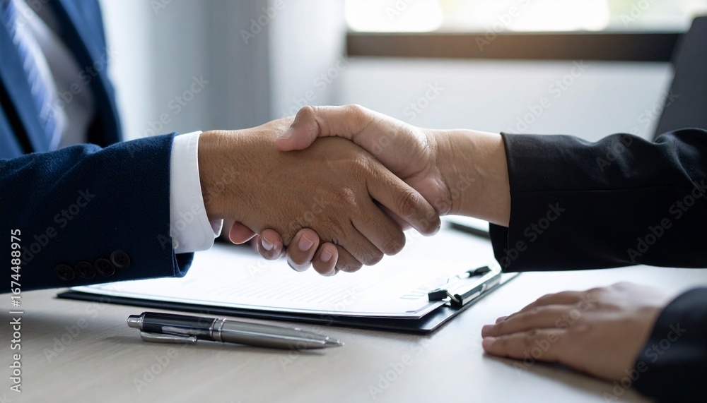 Obraz premium Business partners shaking hands to finalize a successful contract agreement in an office meeting
