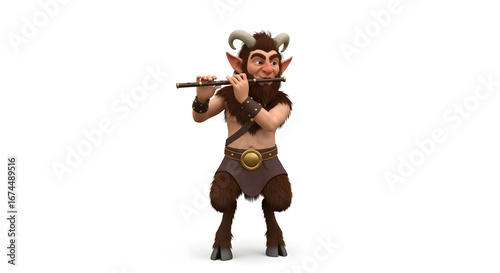 Canvastavla A cartoon satyr with horns playing a flute standing on a white background in a f