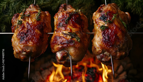 Three whole roasted chickens on metal skewer turning over open fire. Juicy, crispy golden brown poultry meat cooks evenly, displaying delicious appetizing texture