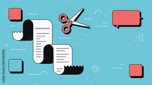 Illustration of a long bill with scissors and speech bubble on a light blue background design art