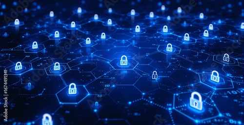 Wallpaper Mural Digital cyber security concept showing glowing padlocks on a hexagonal mesh network grid over a deep blue futuristic background with data points. Ai generative Torontodigital.ca