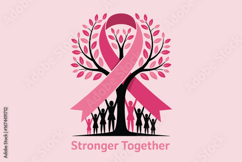 Pink ribbon tree with people silhouette and stronger together text on light pink background design art