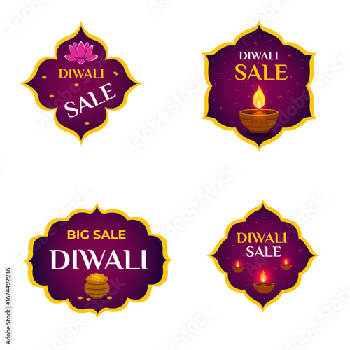Description: Colorful Diwali sale stickers with golden borders on purple background. Designs include lotus, clay lamps, and coin pots, symbolizing prosperity, light, and festive shopping discounts.