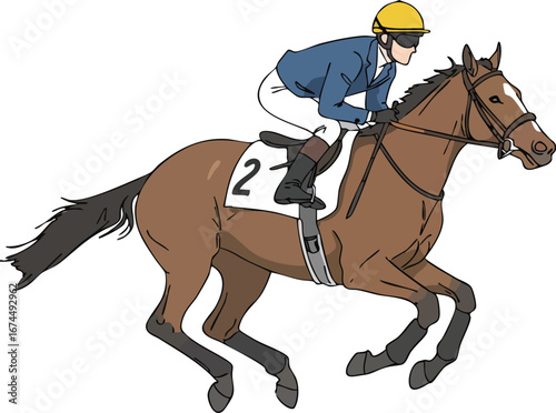 Racehorse with jockey in blue outfit and yellow helmet galloping in horse racing competition vector illustration 
