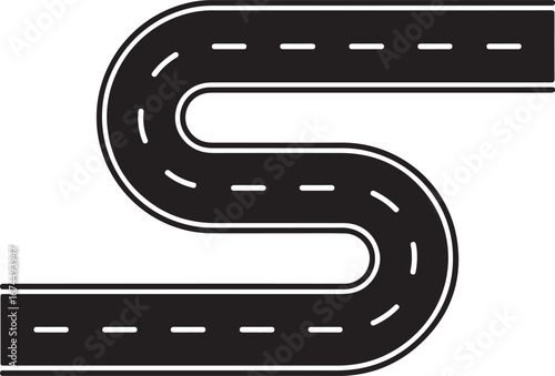 S-Shaped Road, Asphalt, Highway, Route, Winding Road, Two-Lane Road, Black and White, Top View, Vector Illustration, Icon, Symbol, Design Element, Graphic, Sim