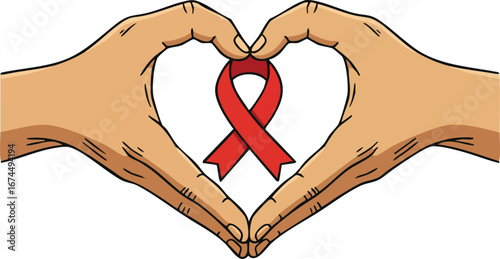 Hands forming heart shape around red awareness ribbon symbolizing support and care for health causes vector illustration 