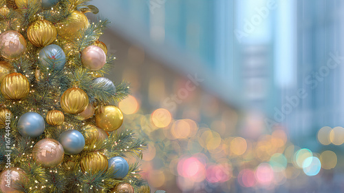 Elegant pastel Christmas tree decorated with golden and pink ornaments against sparkling festive bokeh lights background