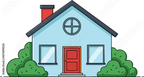 Blue house with red door and chimney surrounded by green bushes simple residential building vector illustration