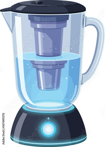 Modern Water Filter Pitcher Vector, a cool and stylized illustration of a UV light purifier for clean, healthy drinking water, symbolizing advanced hydration and smart home technology.