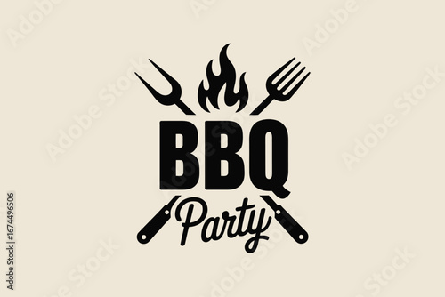 A barbecue party logo featuring crossed forks knives and flames on a light beige background design element