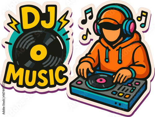 DJ stickers with vinyl record, music text, and a hoodie DJ mixing on turntable. Colorful fun design for party, club, and dance themes.