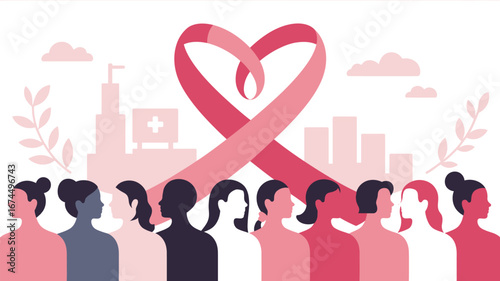 Illustration of women standing together with a pink ribbon heart and city skyline background design