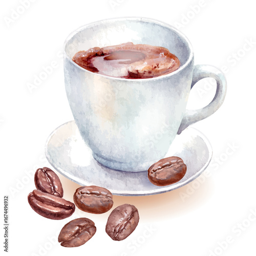 Watercolor illustration of a hot coffee cup with roasted beans on saucer. Hand painted artwork for cafe menu, packaging, posters, and coffee shop design.