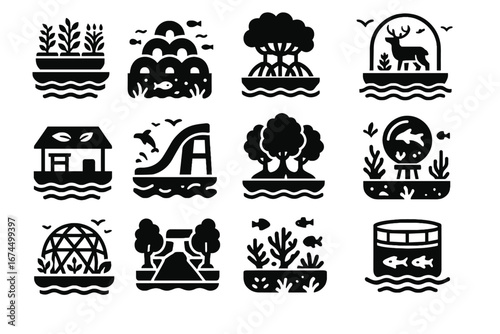 Forest garden regeneration icons artificial city vector habitat farm icon mangrove floating