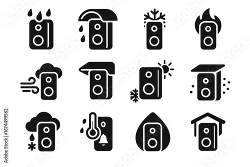 Doorbell seal icon shield rain snowproof enclosure vector icons smart waterproof temperature