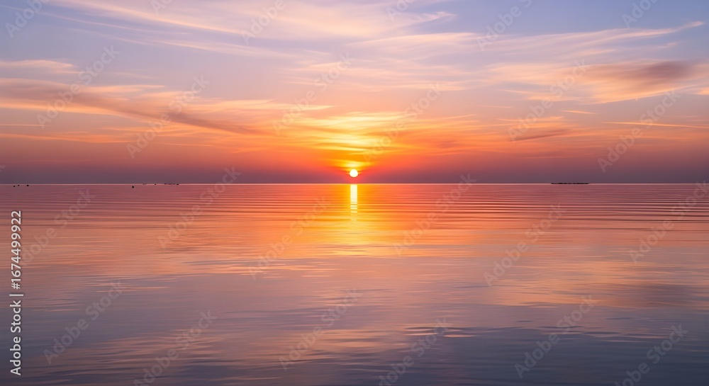 Fototapeta premium Stunning sunset over calm water, golden sun reflecting, serene sky, peaceful horizon